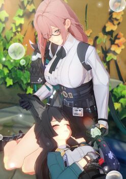 2girls 3d animal_ear_fluff animal_ears armor black_gloves black_hair black_skirt blush closed_eyes commentary dress_shirt earrings english_commentary fox_ears fox_girl gauntlets glasses gloves green_jacket high-waist_skirt highres holding_hands hoshimi_miyabi jacket jewelry long_hair looking_at_another multiple_girls parted_lips pink_eyes pink_hair shinshogun shirt shoulder_armor sitting skirt smile tsukishiro_yanagi white_shirt yuri zenless_zone_zero