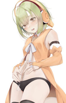 1girl absurdres ahoge black_panties black_thighhighs blush breasts brown_eyes chunithm cowboy_shot detached_collar green_hair headphones highres holding kisaragi_yaya long_sleeves measuring navel no_pants open_mouth panties ribbon ruler short_hair simple_background sky_feather_(chunithm) small_breasts solo sweatdrop thighhighs underwear white_background white_ribbon