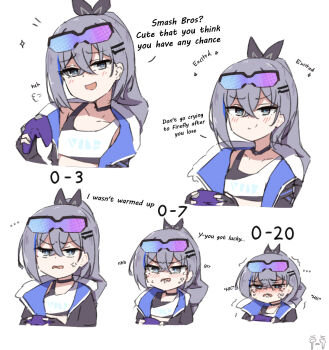 1girl anger_vein angry black_choker black_jacket black_ribbon blue_hair chirun0 choker collarbone commentary controller crossed_bangs crying english_commentary english_text eyewear_on_head game_controller grey_eyes grey_hair hair_between_eyes hair_ribbon holding holding_controller holding_game_controller honkai:_star_rail honkai_(series) jacket looking_at_viewer multiple_views ponytail progression ribbon silver_wolf_(honkai:_star_rail) simple_background single_hair_streak smug white_background