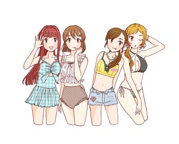 4girls :p ;o aqua_bikini bangle bead_necklace beads bikini bikini_shorts black_bikini blonde_hair blunt_bangs blush_stickers bob_cut bracelet breasts brown_bikini brown_eyes brown_hair brown_hairband cleavage cropped_legs earrings eyelashes frilled_bikini frills futami_mami gyozawantan02 hagiwara_yukiho hairband highleg highleg_bikini highres idolmaster idolmaster_(classic) inverted_bob jewelry large_breasts long_hair lower_lip_only medium_breasts momose_rio multicolored_bikini multiple_girls necklace one-piece_swimsuit one_eye_closed parted_bangs pink_eyes plaid_bikini plaid_clothes polka_dot puckered_lips red_hair short_hair shorts side_ponytail small_breasts swept_bangs swimsuit swimsuit_skirt tanaka_kotoha tehhau_(sup_calon) tongue tongue_out unmoving_pattern waving white_background white_bikini yellow_bikini