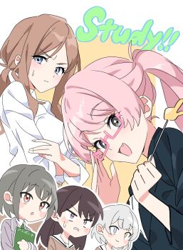 5girls :3 bang_dream! bang_dream!_it&#039;s_mygo!!!!! black_jacket blue_eyes brown_eyes brown_hair chihaya_anon closed_mouth commentary_request english_text fang glasses grey_hair grey_jacket hanasakigawa_school_uniform haneoka_school_uniform heterochromia highres holding holding_notebook jacket kaname_raana long_hair looking_at_viewer mole mole_under_eye multiple_girls mygo!!!!!_(bang_dream!) nagasaki_soyo notebook open_mouth ora_(oraora_oekaki) outline pink-framed_eyewear pink_hair ponytail purple_eyes sailor_collar school_uniform semi-rimless_eyewear shiina_taki shirt short_hair sweatdrop takamatsu_tomori under-rim_eyewear white_hair white_outline white_sailor_collar white_shirt yellow_eyes