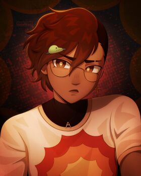 1girl alternate_costume alternate_universe artist_name bright_pupils brown_eyes brown_hair dark-skinned_female dark_skin glasses hair_ornament highres jewelry kim_(omori) necklace omori semi-rimless_eyewear shirt short_hair short_sleeves solo under-rim_eyewear upper_body white_pupils white_shirt zoewillowz