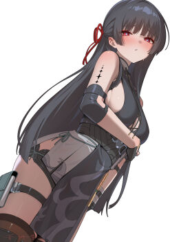 Rule 34 | 1girl, arm under breasts, bare shoulders, black dress, black gloves, black hair, black shorts, blush, breasts, bright pupils, chisa (wuthering waves), cosplay, dress, elbow pads, female rover (wuthering waves), female rover (wuthering waves) (cosplay), gloves, hair ribbon, highres, long hair, looking at viewer, meda, medium breasts, mole, mole under eye, parted lips, pelvic curtain, red eyes, red ribbon, ribbon, rover (wuthering waves), short shorts, shorts, sideboob, simple background, sleeveless, sleeveless dress, solo, sweatdrop, tacet mark (wuthering waves), thighs, very long hair, white background, white pupils, wuthering waves