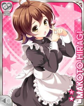 1girl :o ahoge apron black_dress breasts brown_eyes brown_hair card_(medium) character_name dress frilled_apron frills girlfriend_(kari) hiragi_makoto_(girlfriend_(kari)) large_breasts looking_at_viewer maid official_art pink_background qp:flapper raised_inner_eyebrows short_hair skirt solo white_apron x_fingers