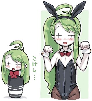 Rule 34 | + +, 1girl, animal ears, black leotard, blush, bow, bowtie, brown pantyhose, collar, colored skin, cowboy shot, detached collar, fake animal ears, flat chest, green hair, leotard, long hair, lowres, man (man-room), open mouth, pantyhose, playboy bunny, rabbit ears, red bow, red bowtie, simple background, smile, strapless, strapless leotard, tone sphere, translation request, trin (tone sphere), white background, white collar, white skin, wrist cuffs