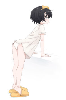 1girl absurdres aqua_eyes arm_support bent_over black_hair from_side full_body highres k-go leaning leaning_forward light_blush looking_ahead no_pants orange_slippers original panties parted_lips shirt short_hair simple_background slippers solo t-shirt tiptoes underwear white_background white_panties white_shirt