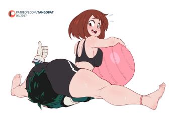 1boy 1girl 2017 anklet ass ass_focus ball barefoot bike_shorts blush_stickers boku_no_hero_academia breast_press breasts brown_eyes brown_hair dated exercise_ball exercising face_in_ass gloves green_hair hetero huge_ass jewelry kneepits large_breasts midoriya_izuku patreon_username short_hair side_sitting_split sideboob sitting sitting_on_face sitting_on_person solo_focus split sports_bra tangobat thighs thumbs_up toe_scrunch toes uraraka_ochako white_background