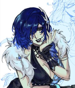 1girl black_bra black_eyeshadow black_hair blue_bra blue_hair bra breasts cleavage eyeshadow fur_trim genshin_impact green_eyes hand_on_own_chin highres looking_at_viewer makeup medium_breasts mole mole_on_breast mole_under_mouth open_mouth rhinodaisy short_hair simple_background smile solo two-tone_bra underwear upper_body white_background yelan_(genshin_impact) yelan_(tranquil_banquet)_(genshin_impact)