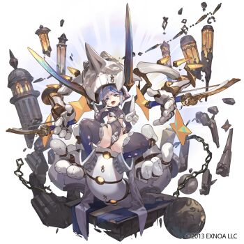 Rule 34 | 1girl, armor, aura, black leotard, black thighhighs, blue eyes, blue hair, breasts, chain, commentary request, copyright name, copyright notice, covered navel, covering breasts, covering crotch, covering privates, disembodied hand, extra arms, fang, floating, floating object, full body, gloves, gluteal fold, grey hair, hand on own face, hand on own hip, leotard, looking at viewer, monster girl, monster musume td, multicolored hair, official art, open mouth, partially fingerless gloves, pillar, rakhion (monster musume td), rock, sennen sensou aigis, short hair, shoulder armor, simple background, sitting, skin fang, small breasts, smile, so-taro, solo, spread legs, squatting, star (symbol), star print, streaked hair, teeth, thighhighs, tongue, upper teeth only, weapon, white background, white hair