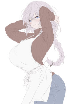 1girl apron arms_up black_bow blue_eyes blue_pants blush bow braid braided_ponytail breasts brown_sweater closed_mouth commentary_request cowboy_shot denim flat_color from_side grey_hair hair_between_eyes hair_bow hair_intakes hands_in_own_hair jeans kurono_mitsuki large_breasts long_sleeves looking_at_viewer original paid_reward_available pants ribbed_sweater simple_background single_braid smile solo standing sweater tomboy's_mother_(kurono_mitsuki) turtleneck turtleneck_sweater white_apron white_background