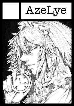 Rule 34 | 1girl, border, braid, circle cut, closed mouth, commentary request, greyscale, hair between eyes, hane (azelye), holding, holding pocket watch, izayoi sakuya, lips, long bangs, maid, maid headdress, medium hair, monochrome, pocket watch, portrait, profile, solo, touhou, twin braids, watch