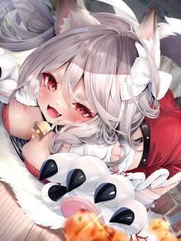 1girl :d animal_ear_fluff animal_ears animal_hands azur_lane bell blurry blurry_foreground blush breasts commentary_request depth_of_field dutch_angle fur-trimmed_skirt fur_trim gloves grey_hair hair_between_eyes highres indoors large_breasts neck_bell on_floor open_mouth paw_gloves red_eyes red_skirt shiira_(nya_rl) short_eyebrows skindentation skirt smile solo tail thick_eyebrows thighhighs white_gloves white_thighhighs wolf_ears wolf_girl wolf_tail wooden_floor yuudachi_(azur_lane)