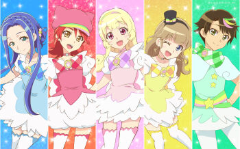 1boy 4girls :d ;d anzai_tokiwa aqua_eyes black_hairband black_hat blonde_hair blue_eyes blue_hair blue_trim bow bowtie bracelet braid brown_hair choker collarbone crown_braid dress green_eyes hair_intakes hairband hand_on_own_hip hat head_tilt hinata_yume imai_kotoko jewelry kakiuchi_itsuki layered_skirt long_hair mewkledreamy minamikawa_asahi mini_hat miniskirt mole mole_under_eye multiple_girls one_eye_closed open_mouth pants pink_choker pink_hat pink_trim plaid_bow plaid_bowtie plaid_clothes red_eyes red_hair red_trim short_dress short_hair short_hair_with_long_locks skirt smile split_screen star_(symbol) star_choker thighhighs tsukishima_maira white_dress white_pants white_skirt white_thighhighs yellow_choker yellow_eyes yellow_trim zettai_ryouiki