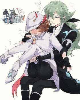 2boys black_gloves brown_eyes brown_hair clenched_hand commentary_request fingerless_gloves gen_5_pokemon gloves green_hair hair_between_eyes hand_up hat heart highres hilbert_(champion)_(pokemon) hilbert_(pokemon) holding_another's_leg legendary_pokemon long_hair male_focus multiple_boys n_(pokemon) n_(sygna_suit)_(pokemon) nintendo official_alternate_costume open_mouth pants pokemon pokemon_(creature) pokemon_masters_ex reshiram shoes short_hair smile sweatdrop tarai_(yamadarairai) three-quarter_sleeves translation_request white_background white_hat white_pants yaoi zekrom