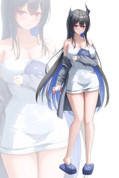 1girl absurdres almonxtea alternate_costume bare_shoulders blue_slippers blush breasts cleavage closed_mouth commentary controller dress english_commentary full_body game_controller hair_between_eyes highres holding holding_controller holding_game_controller hololive hololive_english horns jailbird_(nerissa_ravencroft) large_breasts long_hair long_sleeves looking_at_viewer multicolored_hair nerissa_ravencroft red_eyes ribbed_dress short_dress simple_background sleeveless sleeveless_dress slippers smile solo standing strapless strapless_dress thighs white_background white_dress zoom_layer