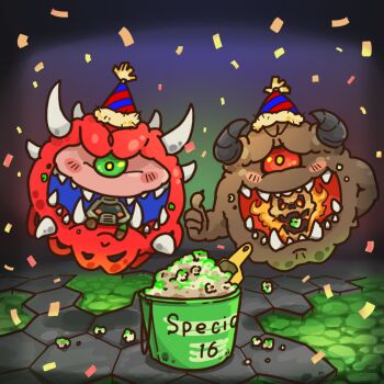 1boy cacodemon chibi confetti doom_(series) doom_ii doomguy english_text fire flaming_skull food happy_birthday hat helmet highres imp_(doom) kurashiki_nanka monster monster_focus pain_elemental party_hat popcorn skull space_helmet thumbs_up