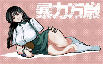 1girl belt black_hair black_nails bouryoku_banzai bow breasts character_doll commentary_request copyright_name doll earrings green_belt green_bow green_skirt hand_on_own_thigh highres holding holding_doll jewelry large_breasts long_hair looking_at_viewer lying miniskirt mole mole_under_eye nadainishi official_art on_side overall_skirt parted_lips pink_background polka_dot polka_dot_background red_eyes rikudou_setsuna shirt short_sleeves skirt smile socks stud_earrings thighs white_shirt white_socks