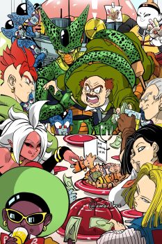 2girls 6+boys amartbee android_13 android_15 android_16 android_17 android_18 android_21 artist_name black_hair black_nails black_sclera blonde_hair blue_eyes bracelet brother_and_sister cell_(dragon_ball) cell_junior choker colored_sclera colored_skin commentary denim denim_vest dragon_ball dragon_ball_fighterz dragonball_z earrings english_commentary gloves hat highres hoop_earrings imperfect_cell jewelry long_sleeves looking_at_viewer majin_android_21 mohawk multiple_boys multiple_girls orange_hair pink_skin pointy_ears red_eyes red_ribbon_army short_hair siblings smile spiked_hair striped_sleeves twins white_hair yellow_choker