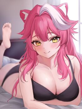 1girl animal_ears barefoot black_bra black_panties blush bra breasts cleavage closed_mouth collarbone commentary day english_commentary feet feet_up hair_intakes highres hololive hololive_english large_breasts long_hair looking_at_viewer lying multicolored_hair on_stomach panther_ears panther_girl panties pink_hair raora_panthera smile soles solo streaked_hair tatsu_(tattti2022) the_pose thighs toes two-tone_hair underwear virtual_youtuber window yellow_eyes