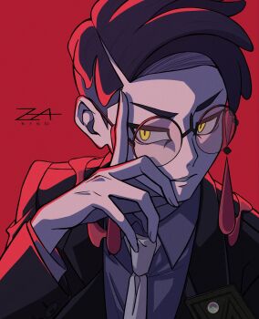 1boy black_jacket collared_shirt commentary_request corbeau_(pokemon) eyewear_strap highres index_finger_raised jacket long_sleeves looking_at_viewer male_focus necktie nintendo oka_kabe parted_lips pokemon pokemon_legends:_z-a red_background round_eyewear shirt short_sideburns sideburns signature simple_background slit_pupils solo undercut upper_body v-shaped_eyebrows white_necktie yellow_eyes