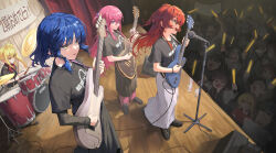 6+girls absurdres ahoge audience bass_guitar black_shirt black_shoes black_skirt blonde_hair blue_eyes blue_hair bocchi_the_rock! bow bowtie cable cho_gum closed_mouth commentary_request concentrating concert cymbals drum drum_set drumsticks electric_guitar fender_precision_bass floating_hair gibson_les_paul glowstick gotoh_futari gotoh_hitori gotoh_michiyo gotoh_naoki guitar hair_ornament hairclip highres hiroi_kikuri holding holding_drumsticks holding_glowstick holding_guitar holding_instrument holding_plectrum ijichi_nijika ijichi_seika indoors instrument jimihen kessoku_band kita_ikuyo layered_sleeves long_bangs long_hair long_sidelocks long_skirt long_sleeves looking_ahead microphone multiple_girls music official_alternate_costume orange_eyes pants pants_under_skirt parted_lips pink_hair pink_pants playing_drum playing_guitar playing_instrument pleated_skirt plectrum print_shirt red_bow red_bowtie red_hair serious shirt shoes short_hair short_over_long_sleeves short_sleeves side_ponytail sidelocks singing sitting skirt smile speaker stage standing straight_hair suspenders sweatdrop t-shirt undershirt very_long_hair white_skirt wooden_floor yamada_ryo yellow_eyes