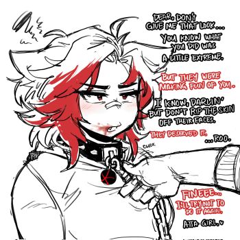 1girl 1other ahoge animal_ears annoyed bandaid bandaid_on_face bandaid_on_nose blood blood_on_mouth blush chain chain_leash collar commentary dog_ears dog_girl english_commentary english_text highres holding holding_chain holding_leash implied_murder leash medium_hair original partially_colored red_eyes red_hair red_streaks rookiered sketch solo_focus spiked_collar spikes talking upper_body