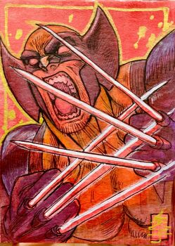 1boy acecore2k blue_gloves claws clenched_hands commentary cowl english_commentary facial_hair gloves hatching_(texture) highres male_focus marker_(medium) marvel muscular muscular_male no_pupils open_mouth pen_(medium) red_background signature solo stubble superhero_costume teeth tongue traditional_media upper_body wolverine_(x-men) x-men