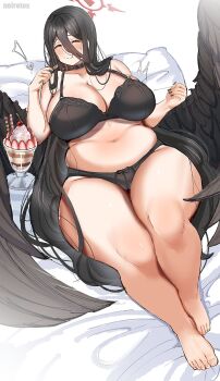 1girl artist_name bed black_bra black_choker black_hair black_nails black_panties black_wings blue_archive blush bra breasts choker cleavage closed_eyes curvy eating feathered_wings food food_on_face from_above hair_between_eyes halo happy hasumi_(blue_archive) heart highres huge_breasts long_hair low_wings lying muffin_top nail_polish navel noiretox on_back on_bed panties parfait plump skindentation smile solo thick_thighs thighs underwear very_long_hair white_background wide_hips wings