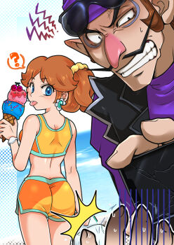 Rule 34 | 1girl, ?, akira (cute camellia), anger vein, large nose, blue eyes, brown hair, cellphone, commentary request, cracked screen, crop top, earrings, eyewear on head, facial hair, flower earrings, food, hat, highres, holding, holding ice cream cone, holding unworn clothes, holding unworn hat, ice cream, ice cream cone, jewelry, mario (series), mario kart, mario kart world, midriff, mustache, nintendo, orange shorts, phone, pointy ears, princess daisy, princess daisy (swimwear) (mario kart world), shorts, side ponytail, smartphone, sunglasses, sweat, tongue, tongue out, unworn hat, unworn headwear, waluigi, waluigi (biker)
