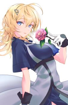 1girl ahoge blonde_hair blue_eyes blue_neckerchief blue_shirt blush breasts commentary_request flower gloves gradient_necktie grey_necktie hair_ornament hairclip highres holding holding_flower kantai_collection looking_at_viewer medium_hair multicolored_gloves neckerchief necktie overskirt shirt simple_background smile solo tsukasa_(tukasa_br) tuscaloosa_(kancolle) two-tone_gloves white_background white_gloves