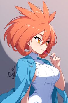 Rule 34 | 1girl, absurdres, breasts, brigette (pokemon), candy, closed mouth, commentary, english commentary, eyelashes, food, hand up, highres, holding, jacket, jacket on shoulders, lollipop, medium hair, nintendo, orange eyes, orange hair, pokemon, pokemon bank, ribbed shirt, shirt, sideboob, signature, sleeveless, sleeveless shirt, smile, solo, su1zide, upper body