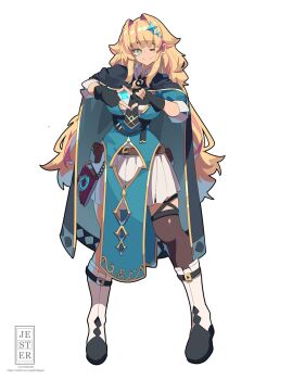 1girl belt black_gloves blonde_hair blush boots breasts closed_mouth earrings fingerless_gloves full_body gloves green_eyes hair_ornament highres jesternalagon jewelry long_hair looking_at_viewer one_eye_closed original single_thighhigh skirt smile solo standing thighhighs very_long_hair white_background