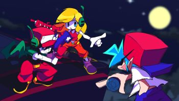 1girl 2boys antennae black_hair black_tank_top blonde_hair blue_hair blue_pants boyfriend_(friday_night_funkin&#039;) crossover curly_brace doukutsu_monogatari friday_night_funkin&#039; full_moon green_scarf gun highres holding holding_gun holding_microphone holding_weapon light_blue_hair looking_at_another microphone moon multiple_boys night night_sky orange_pants outdoors pants quote_(cave_story) red_headwear red_pants red_tank_top robot scarf shammah shirt sky t-shirt tank_top v-shaped_eyebrows weapon white_shirt winter