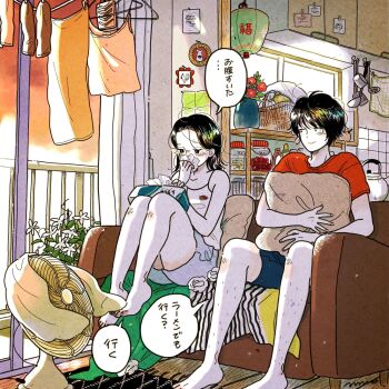 1boy 1girl apartment barefoot basket black_eyes black_hair blanket blush cabinet clothes_hanger colored_skin couch curtained_hair emamemamo33 fingernails flower full_body half-closed_eyes highres holding holding_pillow indoors iridescent_hair jar kettle kitchen ladle lamp original pillow railing red_shirt rug shelf shirt short_hair shorts side-by-side signature slice_of_life socks spatula speech_bubble sunset tank_top tile_wall tiles tissue tissue_box toenails translated unworn_socks vase veranda white_skin window wooden_floor