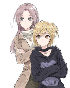 2girls black_choker black_hoodie blonde_hair brown_coat choker coat collarbone commentary crossed_arms d4dj grey_eyes highres hood hoodie long_hair long_sleeves looking_to_the_side motion_lines multiple_girls one_side_up open_clothes open_coat pink_hair short_hair simple_background sweater tsukimiyama_nagisa turtleneck turtleneck_sweater upper_body white_background white_sweater yano_hiiro yukitake_(bullfalk)