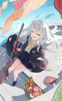 1girl ahoge awaoka_yanagi black_boots black_coat black_hat black_skirt book boots bread broom center_frills coat collared_shirt elaina_(majo_no_tabitabi) falling_petals floating_hair flower food frills from_above grey_hair hat highres long_hair long_sleeves majo_no_tabitabi open_clothes open_coat open_mouth outdoors petals shirt skirt smile solo teeth unworn_hat unworn_headwear upper_teeth_only white_shirt wind witch witch_hat