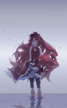 1girl absurdres ajiujiu788 bare_shoulders black_bow black_shirt black_thighhighs black_wrist_cuffs boots bow buttons chest_jewel cleavage_cutout clothing_cutout collared_dress detached_sleeves dress floating_clothes floating_hair frilled_dress frills full_body gem grey_background hair_bow high_collar highres knee_boots long_hair long_sleeves magical_girl mahou_shoujo_madoka_magica mahou_shoujo_madoka_magica_(anime) medium_dress miniskirt parted_lips pleated_skirt ponytail red_boots red_dress red_eyes red_gemstone red_hair red_skirt reflection reflective_water ripples sakura_kyoko sakura_kyoko_(magical_girl) scared shards shirt shirt_under_dress skirt skirt_under_dress sleeveless sleeveless_dress solo standing teeth thighhighs very_long_hair wading white_sleeves wide-eyed wrist_cuffs