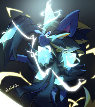 aqua_eyes artist_name claws commentary_request electricity fang from_behind gen_7_pokemon glowing highres horns legendary_pokemon looking_back mega_pokemon mega_zeraora mythical_pokemon nintendo pokemon pokemon_(creature) pokemon_focus single_horn smile solo spikes wasawasa_(ikyu_bu) zeraora