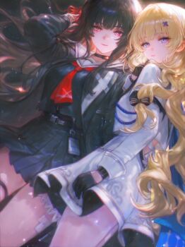 2girls bibimbub black_choker black_gloves black_hair black_jacket black_serafuku black_shirt black_skirt blonde_hair blue_eyes breasts chisa_(wuthering_waves) choker closed_mouth commentary gloves hair_ornament hair_ribbon hand_up high-waist_skirt highres jacket long_hair long_sleeves looking_at_viewer medium_breasts multiple_girls no_headwear pantyhose phoebe_(wuthering_waves) red_ribbon ribbon sailor_collar school_uniform serafuku shirt skirt smile symbol-only_commentary thighs white_pantyhose white_sailor_collar white_shirt white_skirt wuthering_waves x_hair_ornament
