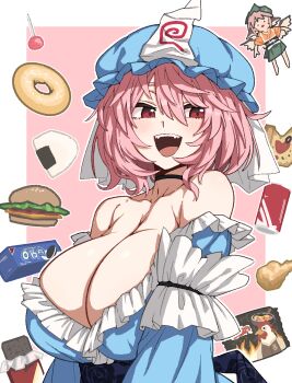 2girls animal_ears bare_shoulders bird_ears bird_wings black_choker blue_hat blue_kimono breasts brown_kimono can candy chicken_(food) chocolate chocolate_bar choker cleavage coca-cola donut food formicid fried_chicken frilled_kimono frills hat highres huge_breasts japanese_clothes kimono lollipop looking_to_the_side medium_hair mob_cap multiple_girls mystia_lorelei noodles onigiri open_mouth oreo pink_eyes pink_hair pizza ramen red_eyes saigyouji_yuyuko simple_background sleeve_garter touhou triangular_headpiece winged_hat wings