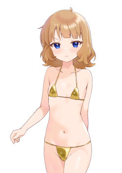 1girl bare_arms bare_legs barefoot bikini blue_eyes brown_hair closed_mouth drop_shadow flat_chest food full_body gold_bikini grey_background highres holding holding_food holding_popsicle idolmaster idolmaster_million_live! light_blush light_frown loli looking_at_viewer navel popsicle ryuzevcpayoru short_hair simple_background solo standing string_bikini suou_momoko swimsuit