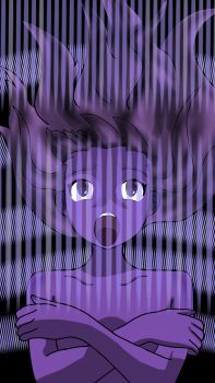 1girl armpit_crease breasts brown_eyes brown_hair collarbone completely_nude covering_breasts covering_privates crossed_arms curled_fingers digimon digimon_frontier energy eyelashes f20000 facing_viewer female_focus fingernails floating_hair henshin highres long_hair looking_up matching_hair/eyes neck nude original out-of-frame_censoring purple_theme sidelocks small_breasts spirit_evolution topless_frame upper_body wavy_hair