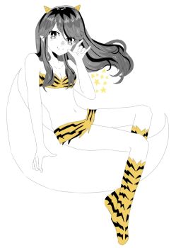 1girl \m/ animal_print bikini boots commentary cone_horns crescent_moon dolliesteethh english_commentary full_body greyscale horns knee_boots long_hair looking_at_viewer lum monochrome moon pointy_ears print_bikini print_boots sidelocks smile solo spot_color star_(symbol) swimsuit tiger_print urusei_yatsura