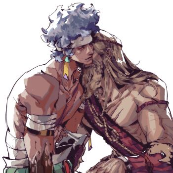 2boys bandaged_arm bandages blonde_hair blue_hair bracer chic_l closed_mouth commentary_request earrings facial_hair hades_(series) hades_2 headband heracles_(hades) highres jewelry long_hair male_focus multiple_boys piercing prometheus_(hades) red_eyes scar scar_on_chest short_hair simple_background topless_male upper_body white_background yaoi
