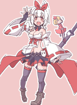 2girls :d aki_shizuha bare_shoulders black_gloves black_skirt black_thighhighs blob boots breasts bridal_gauntlets brown_footwear cleavage closed_mouth dress fang full_body gloves headband highres holding inubashiri_momiji katana kuro-ekaki looking_at_viewer medium_breasts multiple_girls navel open_clothes open_mouth outline pink_background red_dress shirt short_hair skin_fang skirt smile sword thighhighs touhou weapon white_outline white_shirt white_sleeves