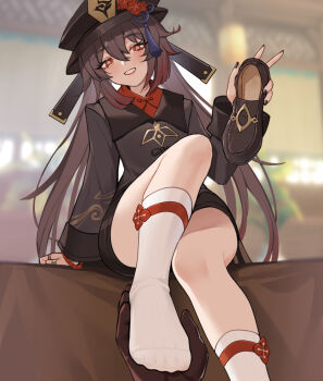 1girl black_hat black_nails brown_hair commentary_request feet flower foot_focus genshin_impact grin hat hat_flower holding holding_another's_foot holding_shoes holding_unworn_clothes hu_tao_(genshin_impact) long_hair long_sleeves no_shoes pov pov_hands red_eyes shoes sitting smile socks solo_focus unworn_shoes very_long_hair white_socks xssh