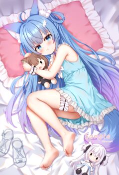 Rule 34 | 1girl, :t, absurdres, ahoge, animal ear fluff, animal ears, barefoot, bed sheet, blue dress, blue eyes, blue hair, blush, bow, closed mouth, commentary request, doll, dress, footwear bow, fox ears, fox girl, fox tail, frilled dress, frilled thigh strap, frills, full body, gradient hair, highres, holding, holding doll, long hair, looking at viewer, lying, multicolored hair, on side, original, pillow, purple hair, shoes, sleeveless, sleeveless dress, solo, tail, thigh strap, toes, unworn shoes, urotsuki (uro30), very long hair, white bow