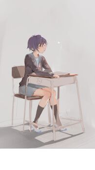 1girl absurdres black_cardigan black_socks blue_sailor_collar blue_skirt book cardigan chair desk glasses highres kita_high_school_uniform kneehighs long_sleeves nagato_yuki on_chair open_book sailor_collar school_chair school_desk school_uniform shoes short_hair sitting skirt socks solo suashi suzumiya_haruhi_no_shoushitsu suzumiya_haruhi_no_yuuutsu uwabaki winter_uniform