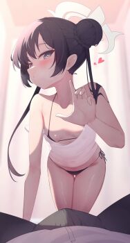 1boy 1girl alternate_costume arm_support bikini bikini_under_clothes black_bikini black_hair black_pants blue_archive blush braid braided_bun breasts bulge camisole daf_(daf_4) double_bun erection erection_under_clothes grey_eyes grey_halo hair_bun hair_over_shoulder halo hand_up heart heart_in_eye highres kisaki_(blue_archive) kneeling leaning_forward loli long_hair looking_at_viewer pants pov pov_crotch reaching reaching_towards_viewer shirt side-tie_bikini_bottom small_breasts strap_slip swimsuit symbol_in_eye thigh_gap thighs twintails very_long_hair white_camisole white_shirt