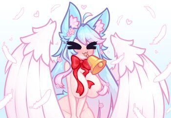 1girl animal_ear_fluff animal_ears bell blue_hair blush bow bowtie cherry_blossoms commentary english_commentary feathers fox_ears fox_tail full-face_blush highres indie_virtual_youtuber limebreaker long_hair multicolored_hair nude pink_feathers pink_hair red_bow red_bowtie red_ribbon ribbon silvervale solo tail wings